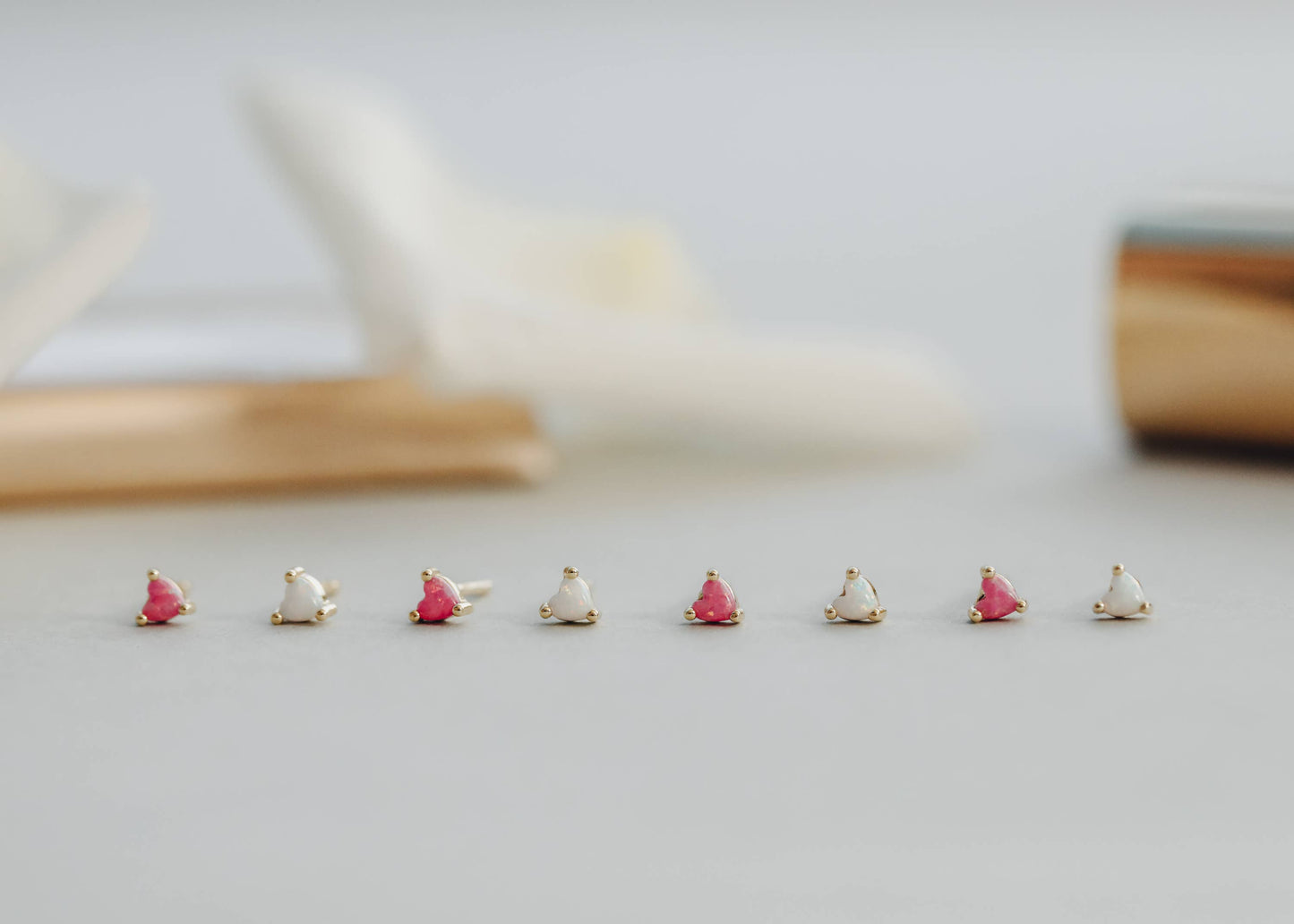 Tiny White Opal Heart Gold Earrings