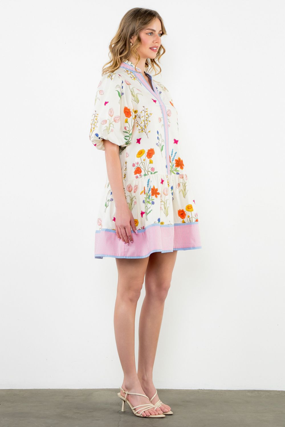 Justina Floral with Stripe Trim Dress