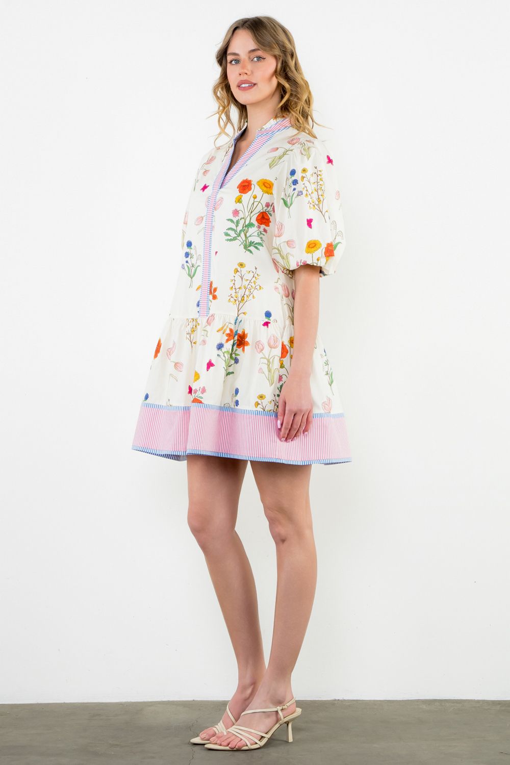 Justina Floral with Stripe Trim Dress