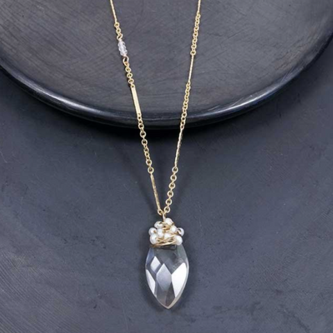 Quartz Wrapped in Tiny Pearls 14K Gold Necklace