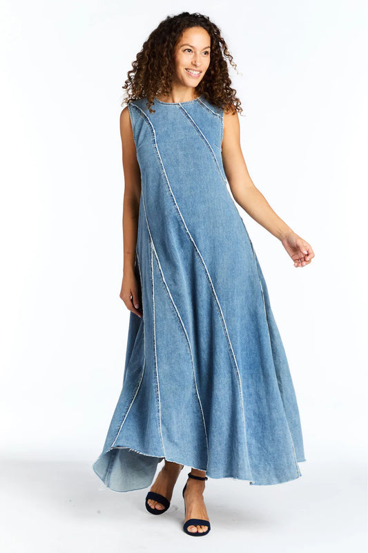 Diagonal Denim Paneled Maxi Dress