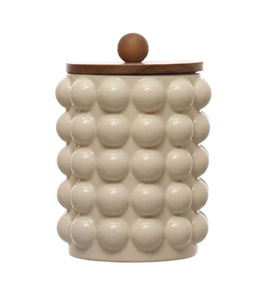 Stoneware Canister w/ Raised Dots & Acacia Wood Lid