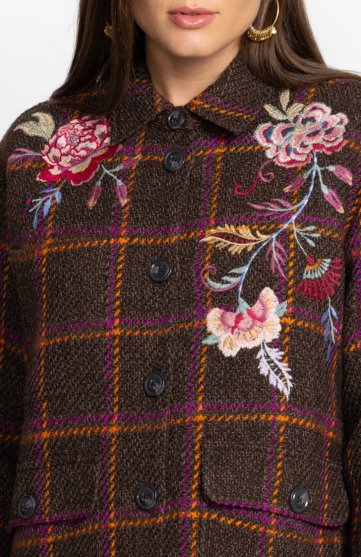 Garnet Plaid Embroidered Shirt Jacket