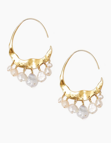 Crescent White Pearl and Gold Hoop Earrings