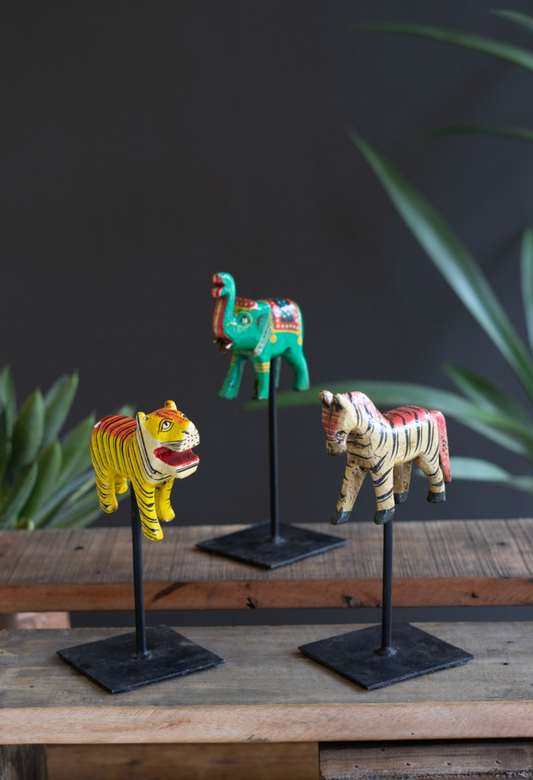 Painted Wooden Animals on Metal Stands