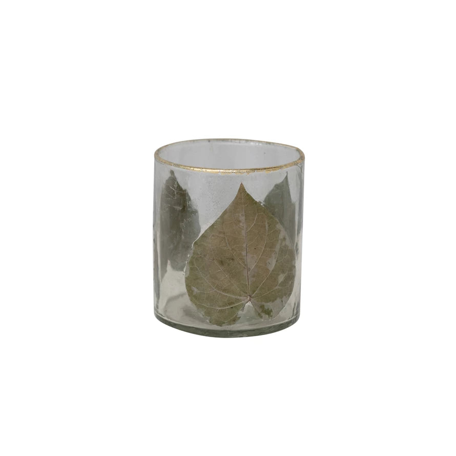 Hand-Blown Glass Votive Holder w/ Embedded Peepal Leaves & Gold Foil Edge
