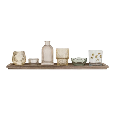 Danica Set of 7 Wood Tray with Embossed Glass Tealight Holders
