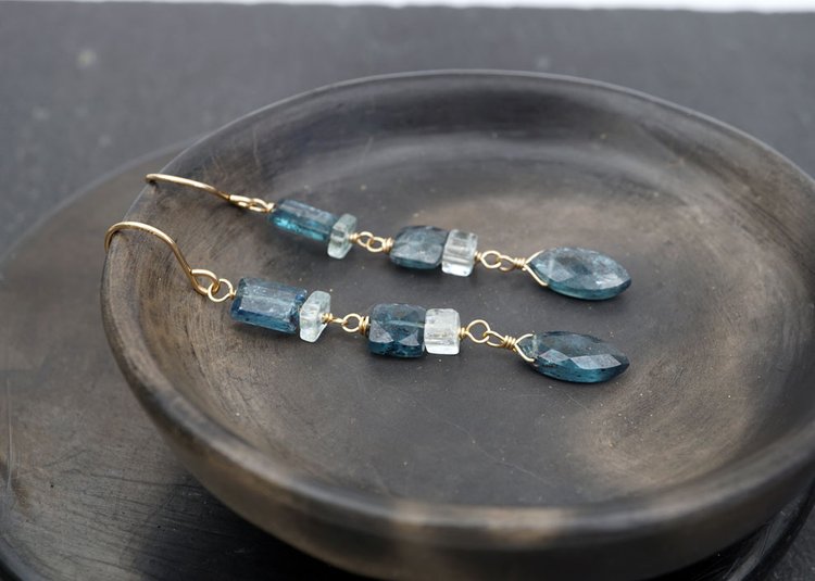 Moss Kyanite and Aquamarine Long Earrings