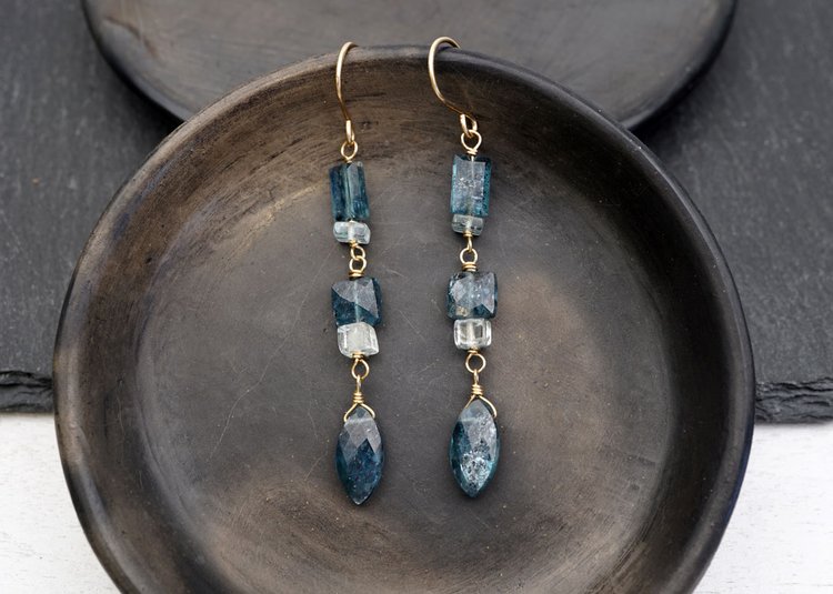 Moss Kyanite and Aquamarine Long Earrings