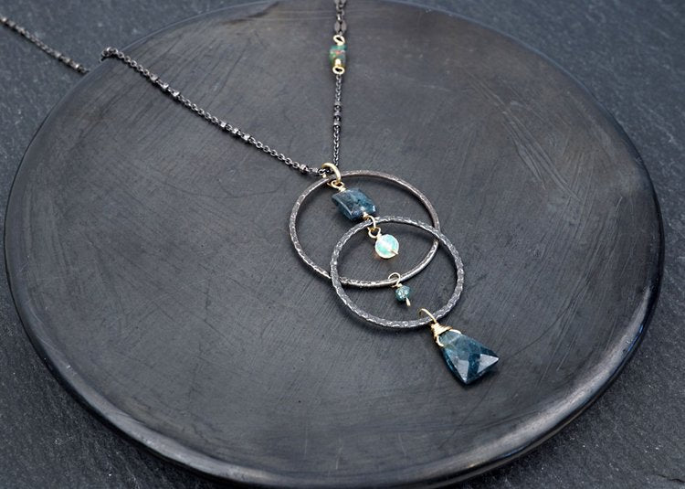 Moss Kyanite, Opal, and Blue Diamond Interlocked Circle Necklace