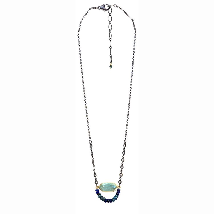Aquamarine Hexagon Pendant with Opal and Moss Kyanite Beaded Arch Necklace