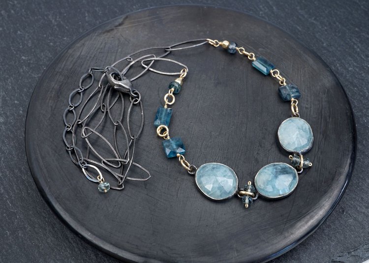 Three Aquamarine Coins with Moss Kyanite Necklace