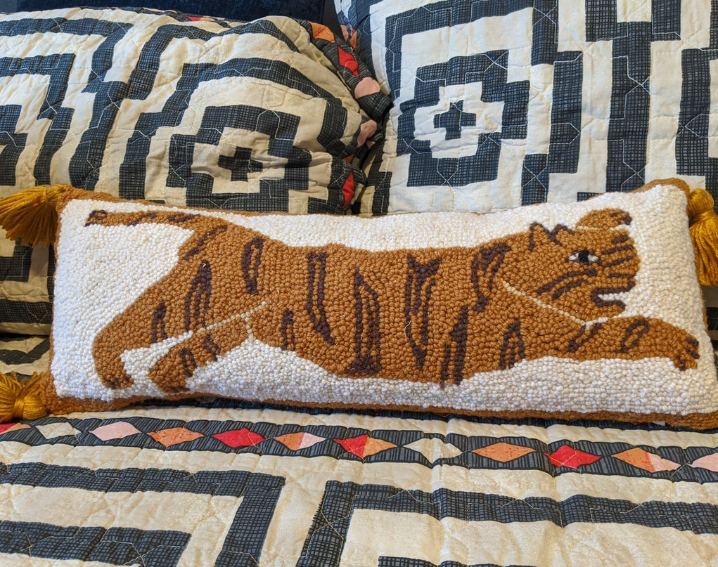 Tiger Hooked Wool Pillow with Tassels